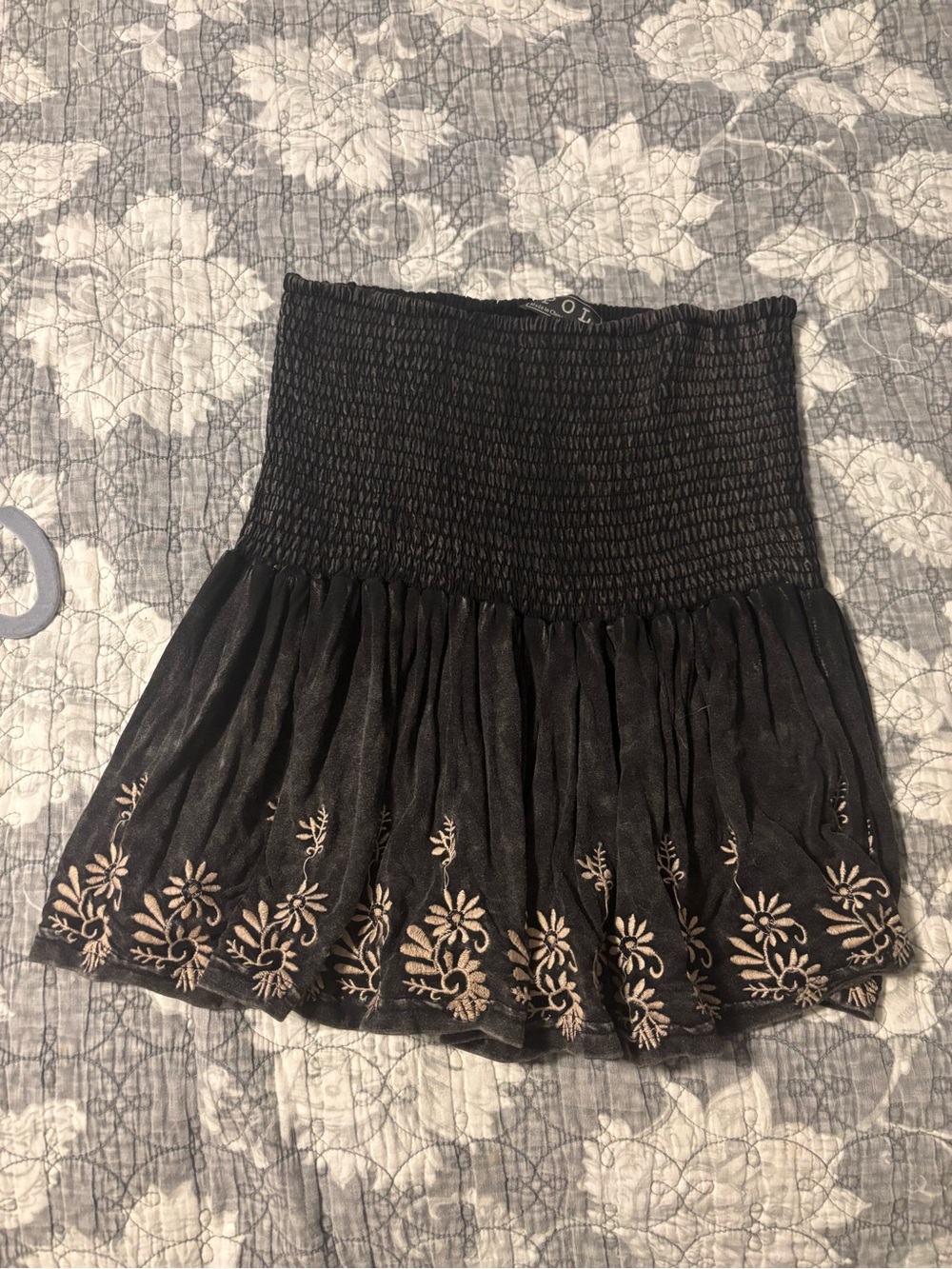 POL Charcoal Black Strapless Top with Cream Floral Hem Embroidery